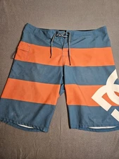 DC Board Shorts 38 Mens Orange And Green Striped Swim Trunks Cargo Style Pocket