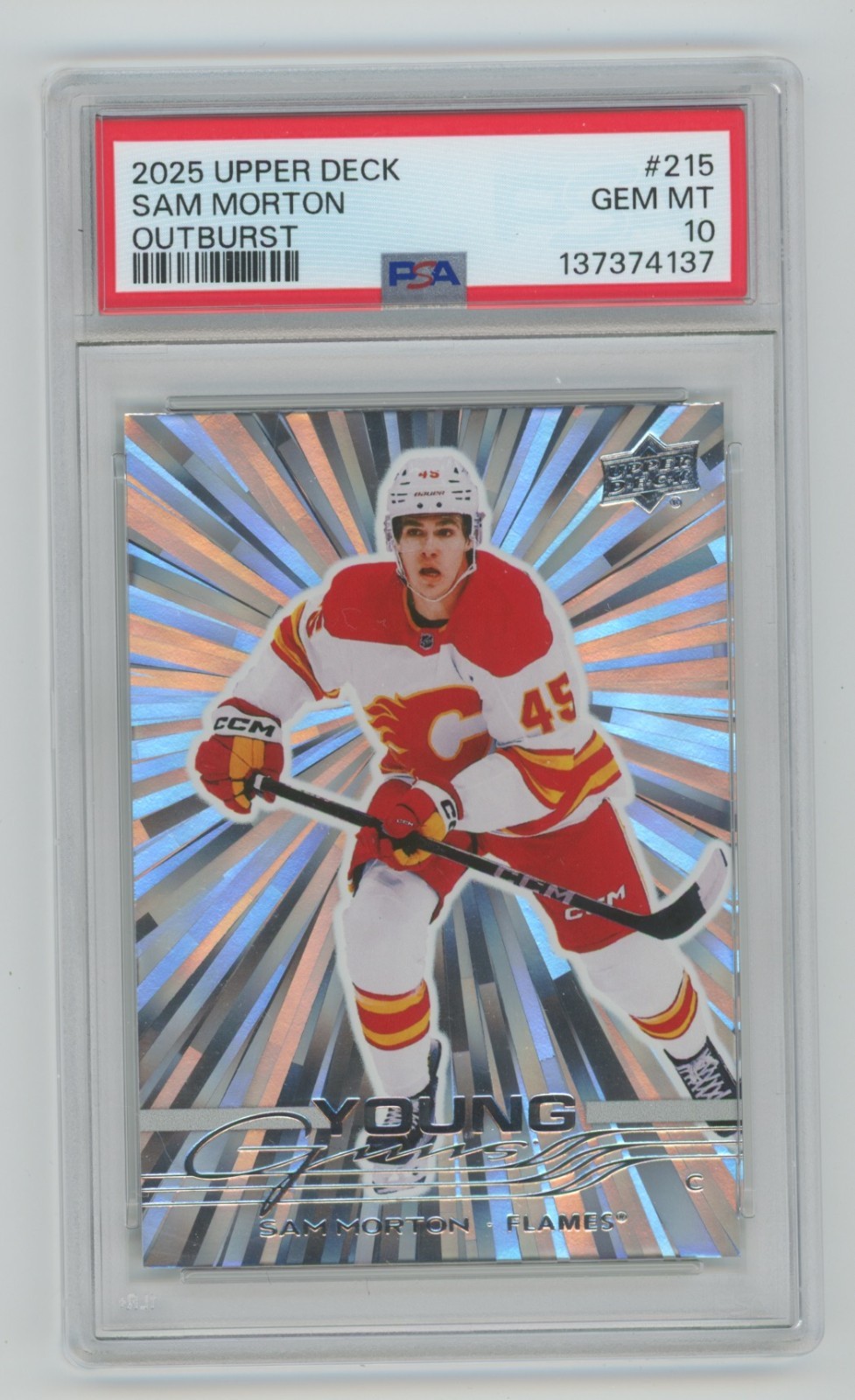 PSA 10 SAM MORTON 2025 UD Upper Deck #215 OUTBURST Young Guns RC SP Flames