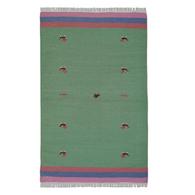 Handwoven Cotton Natural Dhurrie Rug Color Green Design Handmade Carpet Rug