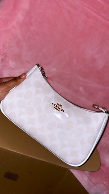 Coach White Signature Logo Zip Crescent Shoulder Bag w/ Detachable Strap