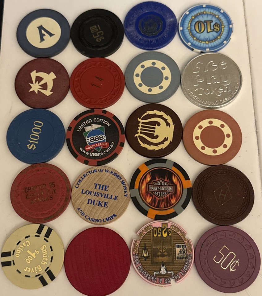 SEVERAL DIFFERENT KINDS OF CASINO CHIPS TOKENS SAMPLES LOT OF 20 BARREL ...