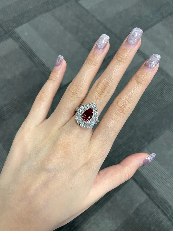 14K Solid White Gold 7.00 CT Real Pear Cut Red Ruby Gemstone Diamond Gift Ring - Image 3 of 4