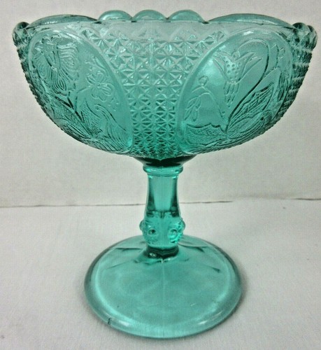 Vintage verde acqua piedistallo vetro composta piatto caramelle floreale RARO 4,75 in - Foto 2 di 10