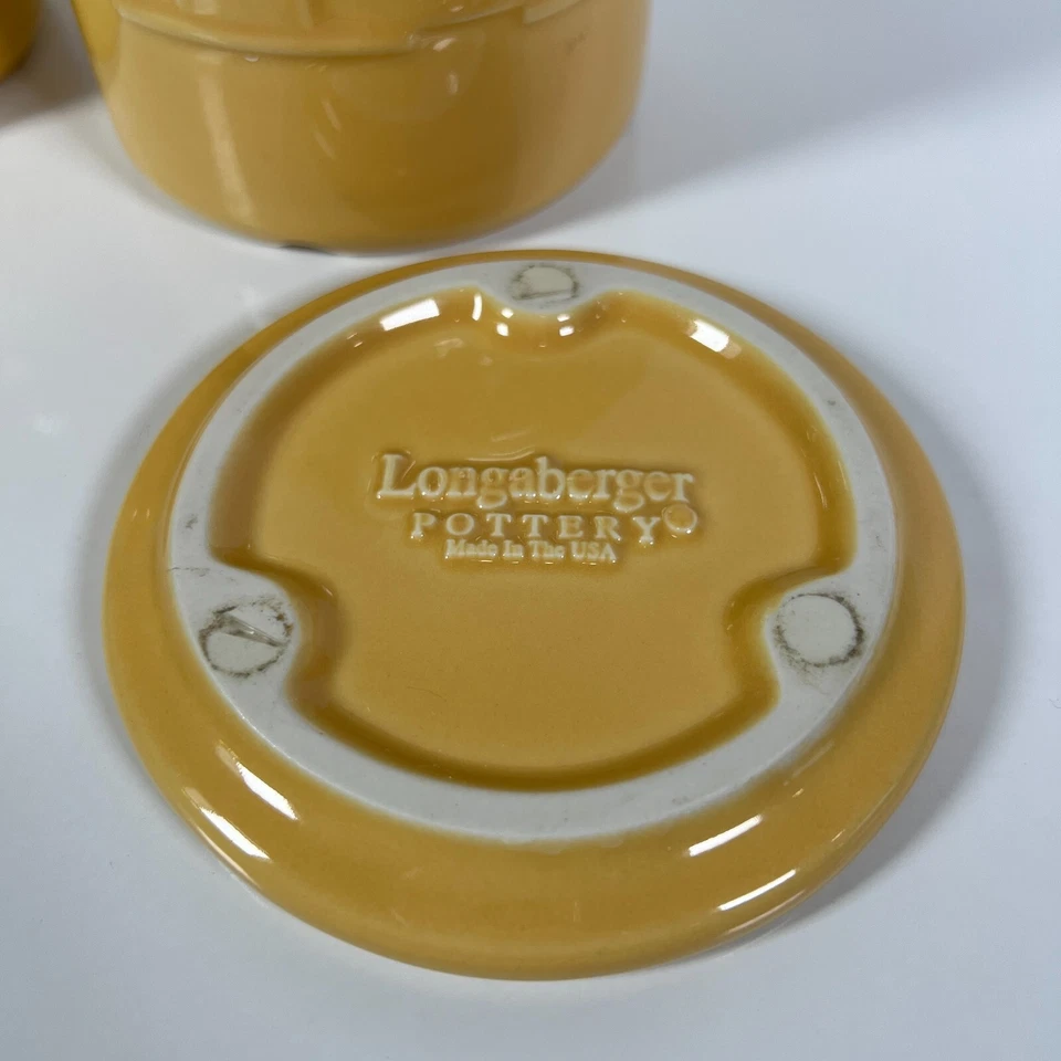 Longaberger Cerámica Vaso Vaso Bote y Tapa Amarillo Mostaza Juego (2) Hecho en EE. UU. Foto 4 de 4