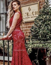 Long Lace Mermaid Maroon Formal Elegant Evening Wedding Party Wear Dress Size 14