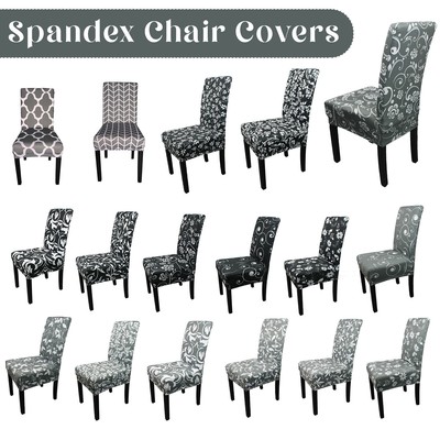 Dining Chair Cover Floral Printed Grey Black Slip Seat Covers Stretch Removable