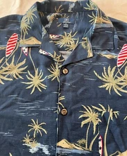 George Men Button Shirt XL Navy Palm Trees Beach Surf Hawaiian Short Sleeve