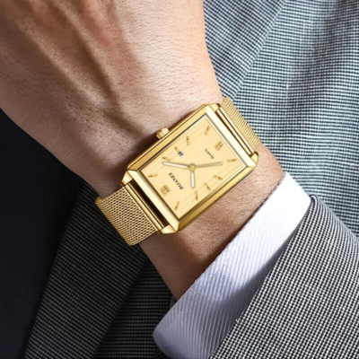 Men Golden Stylish Quartz Watch Precision Pointing Square  display picture 3