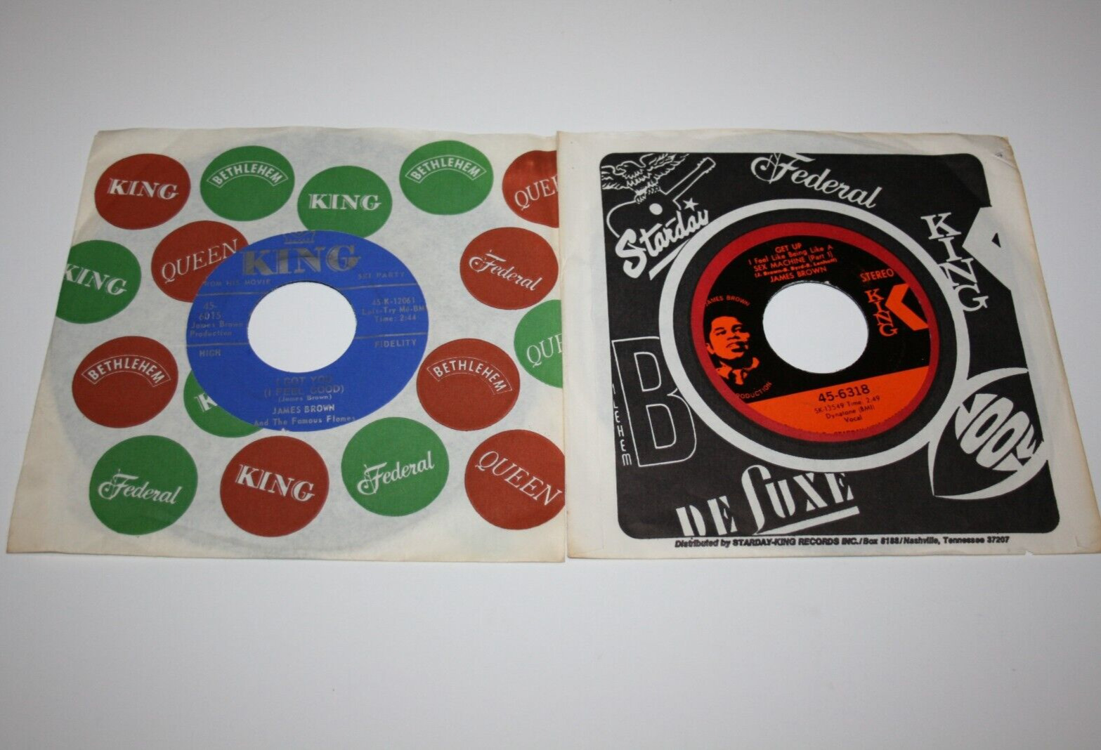 Lot of 2 vintage James Brown 45's - "I Got You" & "Get Up" w/original sleeves