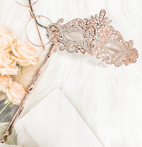 Rose Gold Masquerade Mask, Clear Crystal Masquerade Mask with Stick, Prom Mask - Picture 6 of 10