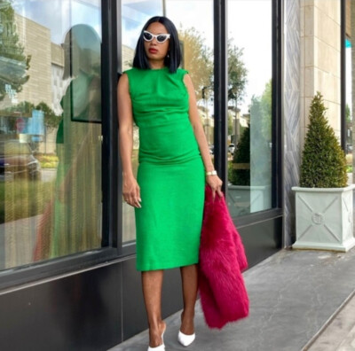 BRAND NEW ZARA TWEED FITTED FRINGED GREEN TUBE MIDI DRESS | eBay