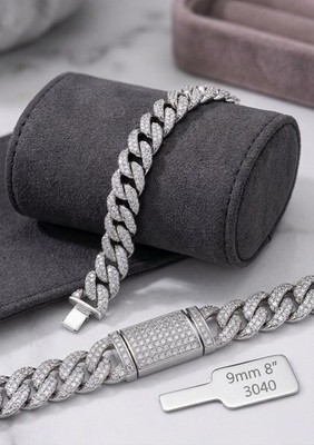  9mm 7ct Moissanite Cuban Link 8'' Iced Out Box Clasp Bracelet Made In Italy 25g