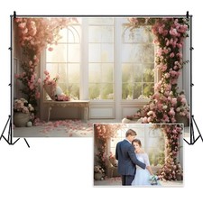 8x6ft Bridal Floral Backdrop, Wedding, Pink Rose Window, Photo Background