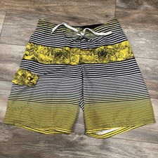 OP Ocean Pacific Swim Trunk Men  s Size 34 Yellow Black White Striped Floral