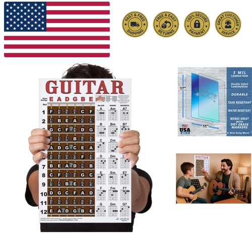 Laminated Guitar Chord & Fretboard Note Chart Instructional Easy Poster ...