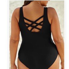 Black Lattice Back One Piece Swimsuit Scoop Neck Strappy Swimwear XL