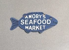 VINTAGE 12” AMORYS SEAFOOD MARKET FISH PORCELAIN SIGN CAR OIL GAS MOTORCYCLE