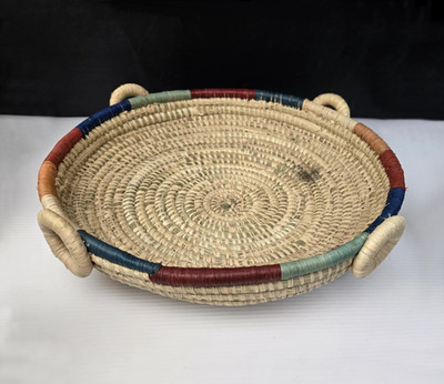 Handwoven Rwandan Banana Stalk & Sisal Basket with Four Ring Handles 12''