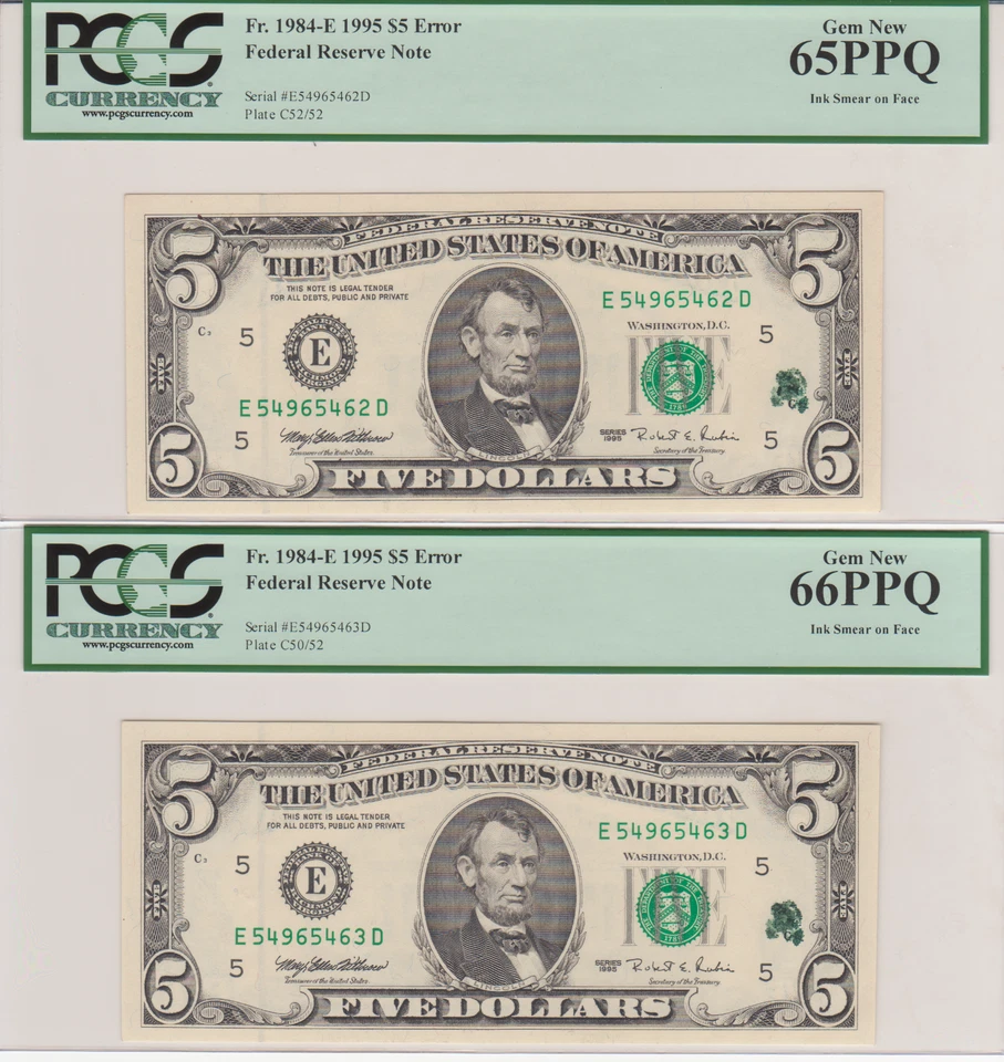 UNUSUAL OBVERSE INK SMEAR $5 Consecutive Set of Error Notes PCGS 65/66PPQ - Image 2 of 3