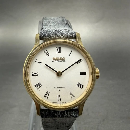 Seiko Automatic Watch Women 25mm Silver Dial Gold Tone Round 2411-0070 New Batt