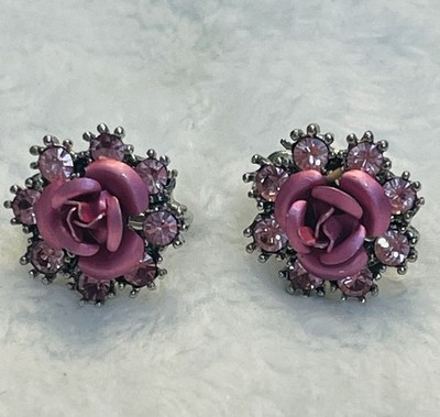 Vintage Nina Ricci for Avon Earrings_Pink Rose w/ Pink Rhinestone_Silver Tone