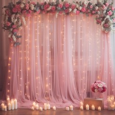 10 10ft Dusty Rose Tulle Backdrop Curtain with Lights String for Parties, She...