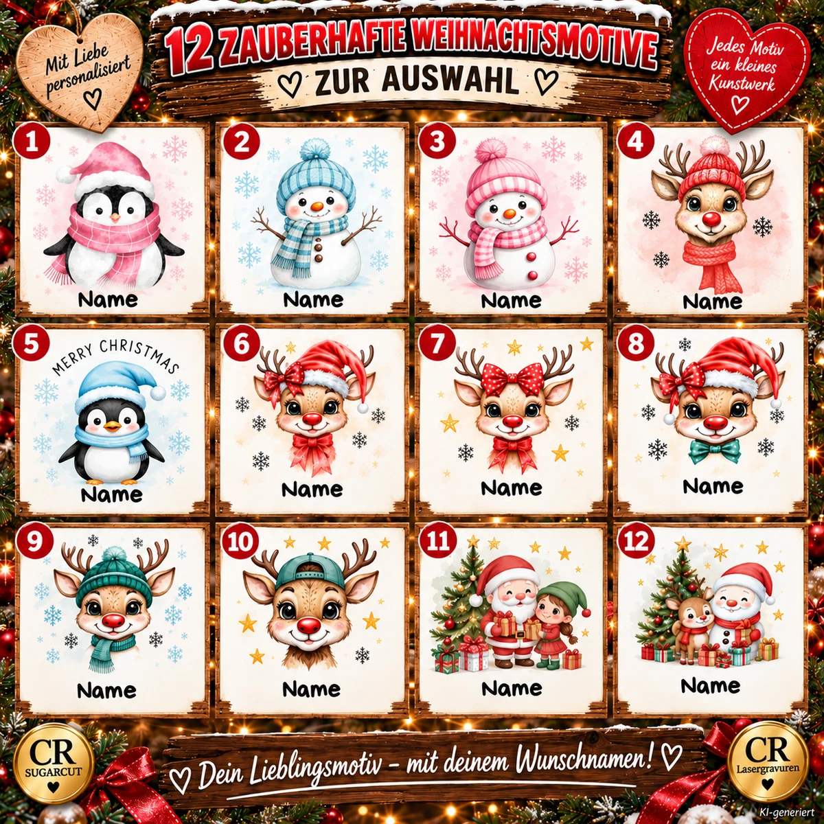 Personalisierte Weihnachtstasse mit Name 12 Motive 4 Farben 330ml