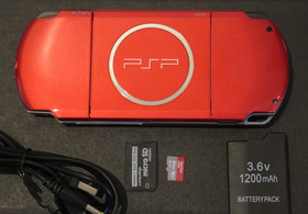 Crimson Red PSP 3000 NEW LCD Chrg/data HQ battery, 64gb SANDISK w/ARK-4