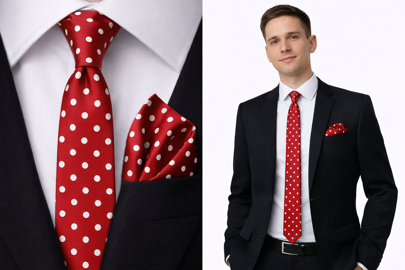 Men's Skinny Tie & Hankie Red Set Extra Slim 5CM White Polka Dot Pocket Hanky UK