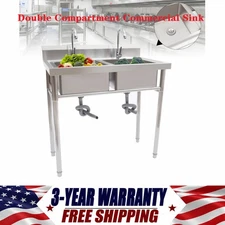 2 Compartment Commercial Sink w/ Double Faucet Restaurant Sink Stainless Steel