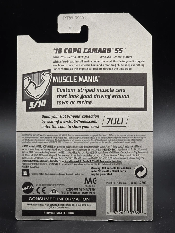 HotWheels Muscle Mania 5/10 Azul '18 Copo Camaro SS 71/250 Mattel 3+ Foto 2 de 2