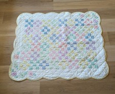 VTG Hand Quilted Baby Blanket Scalloped Edge Patchwork Front Yellow Flannel Back