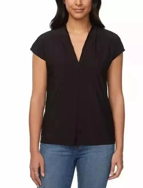 Buffalo David Bitton Women's V-Neck Blouse with Cap Sleeve, Black, 2XL 