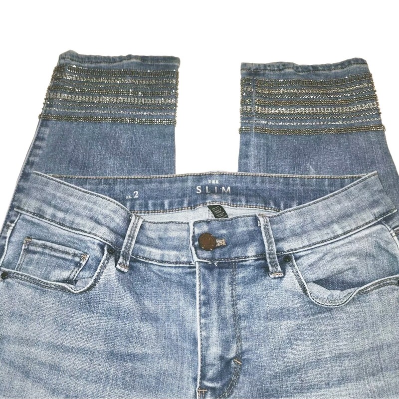 WHITE HOUSE BLACK MARKET SZ 2 BEADED BLING ANKLE SLIM CROP STRETCH DENIM JEANS