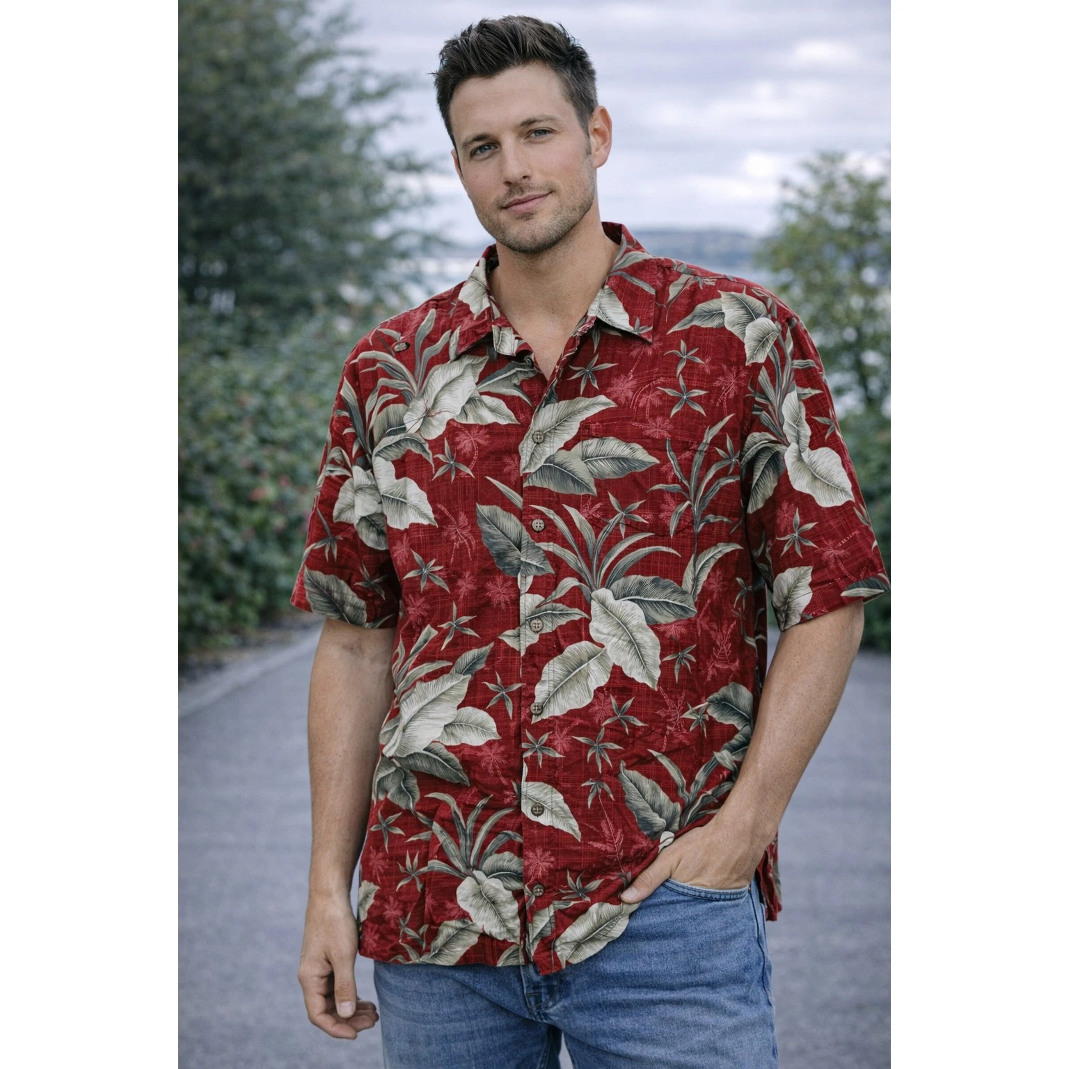 Island Shores Hawaiian Shirt Mens Large Red Tropical Rayon Aloha Button Up