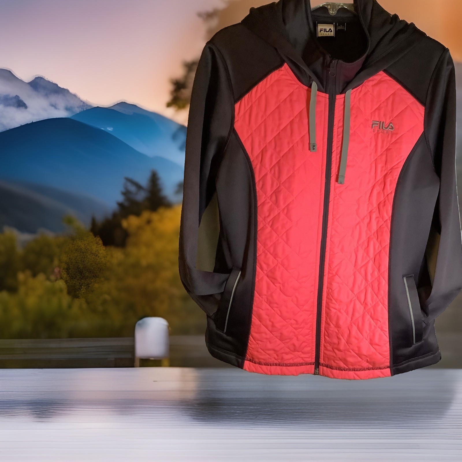 FILA Giacca sportiva con cappuccio e zip davanti tasche taglia large nero e corallo