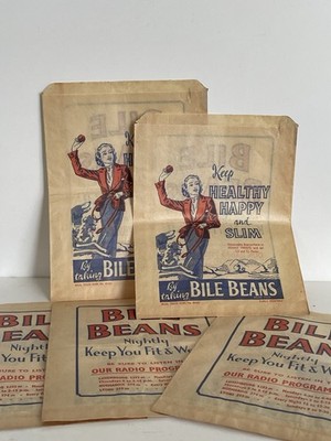 Vintage Set 5 Gallenbohnen Laden Werbung Papiertüten - Keep Healthy Happy & Slim..