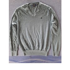 Polo Ralph Lauren Men Medium Washable Merino Wool V-Neck Pullover Sweater Grey