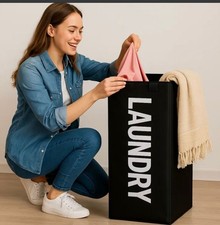50L Collapsible Laundry Basket Foldable Hamper Bag w/ Handle Black-FREE DELIVERY