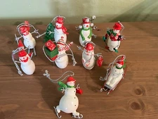 LOT OF 9 ASSORTED CHRISTMAS SNOWMEN ORNAMENTS, RED ACCENTS