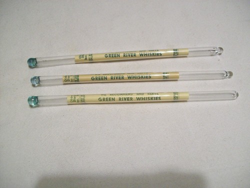 3 Vintage Glass Swizzle Sticks Green River Whiskey Chicago IL Westmont IL