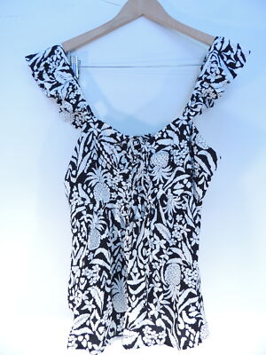 Loft Pineapple Ruffle Tank Top Sleeveless Black White Women Rayon Large New NWT
