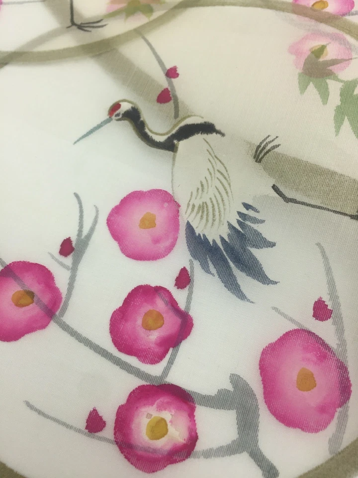 Chinese Crane Bird Flower Watercolor Painting on Silk Lot 1 Large 11 Small Round - Image 3 of 4