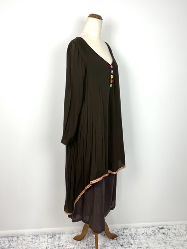 Anself Womens Dress XL Brown Long Sleeve 3D Flowers Hi Low Hem Boho Hippie Witch - Picture 3 of 9