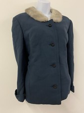 Vintage Jacket Real Fur Collar Coat Size 14 Navy Blue Pockets Evening 1960s Glam