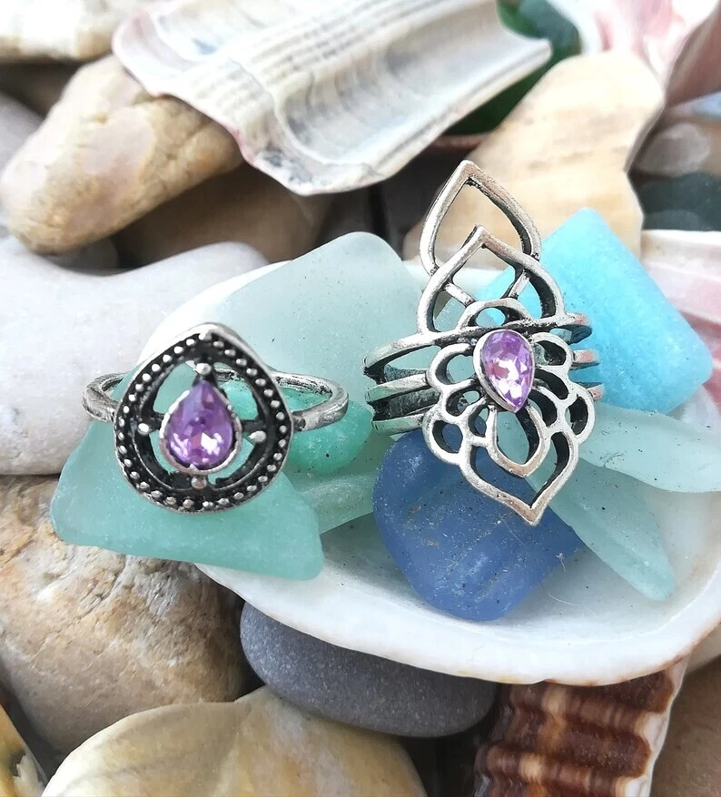 ANELLO FIOR DI LOTO AMETISTA IN ARGENTO TIBETANO 300, CRISTALLO GOCCIA AMETISTA - Immagine 4 di 4