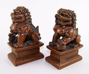 Pair of Heavy Brown Resin Asian Foo Dog Statues 4-1/2