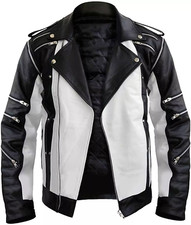 Men's Michael Jackson MJ Thriller Pepsi Black & White Biker Real Leather Jacket