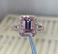2.87ct Emerald Cut Lab Created Pink Sapphire Halo Engagement Ring 925 Silver