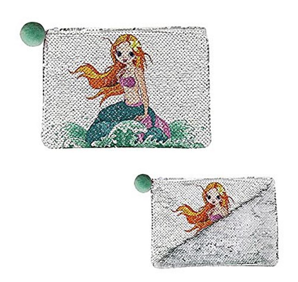 Mermaid Sequin Purse Make Up Travel Reversible Silver 8"" Zipper Fashion Pouch